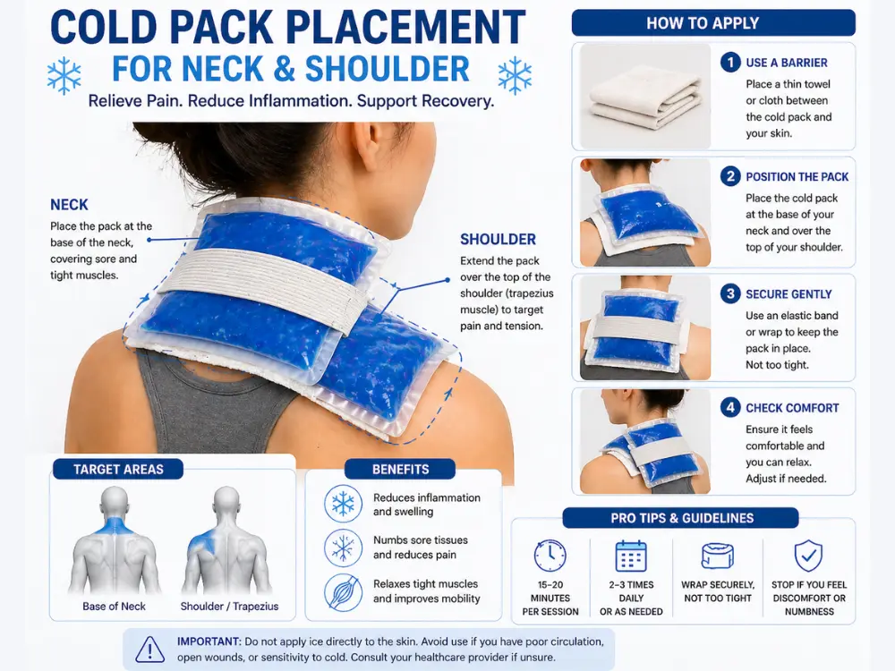 Cold pack on neck and shoulder placement