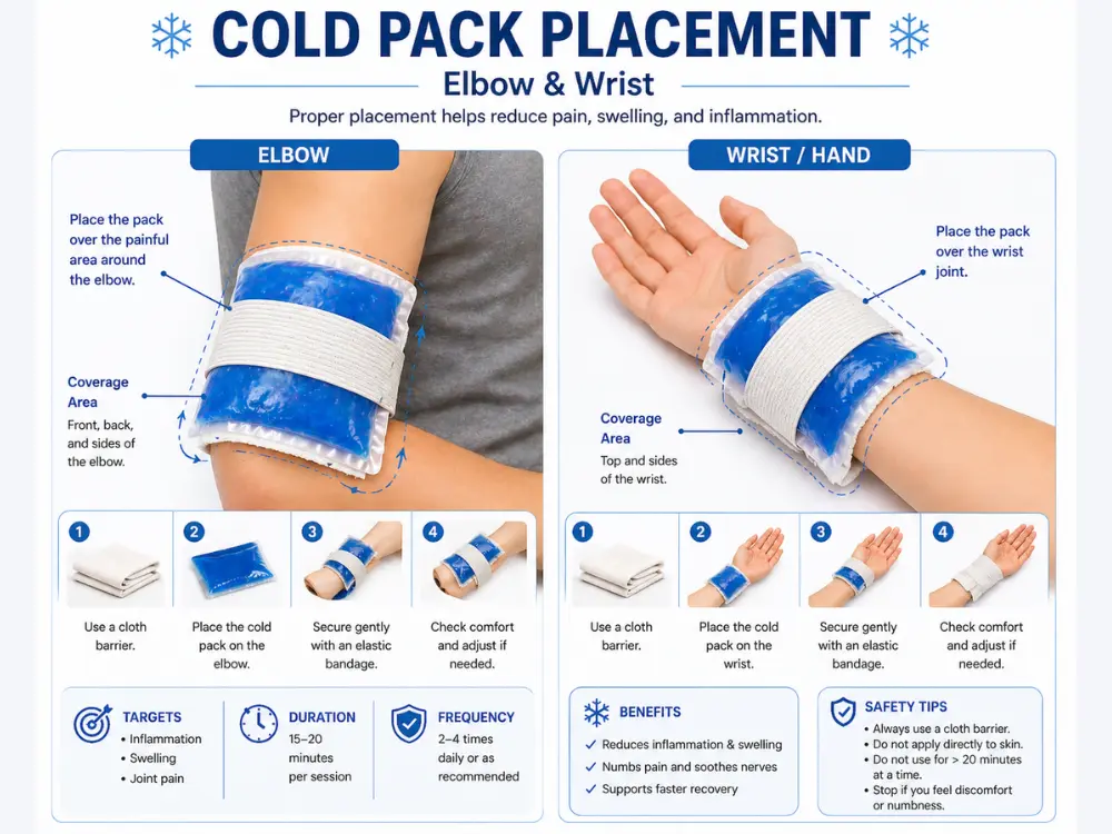 Cold pack placement on elbow and wrist