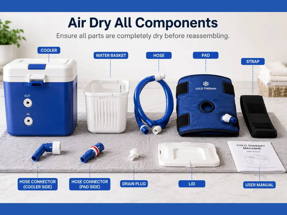 How to Use & Clean a Cold Therapy Machine After Surgery (Complete Guide) 7 Cold therapy machine parts air drying after cleaning